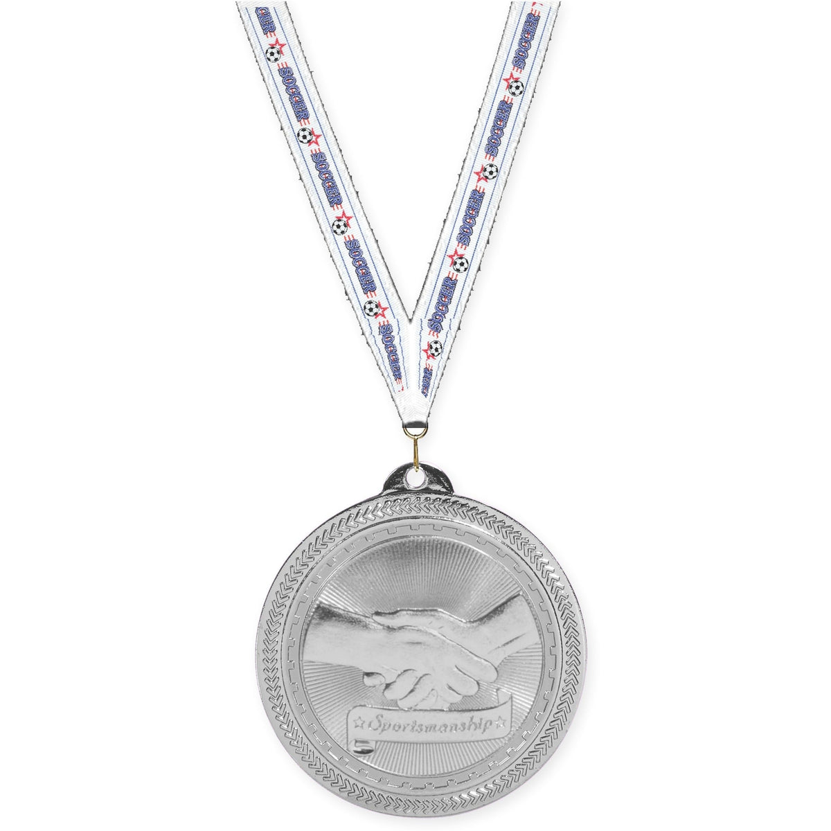 2 inch Sportsmanship Sunburst medal in bright silver with Soccer neck ribbon
