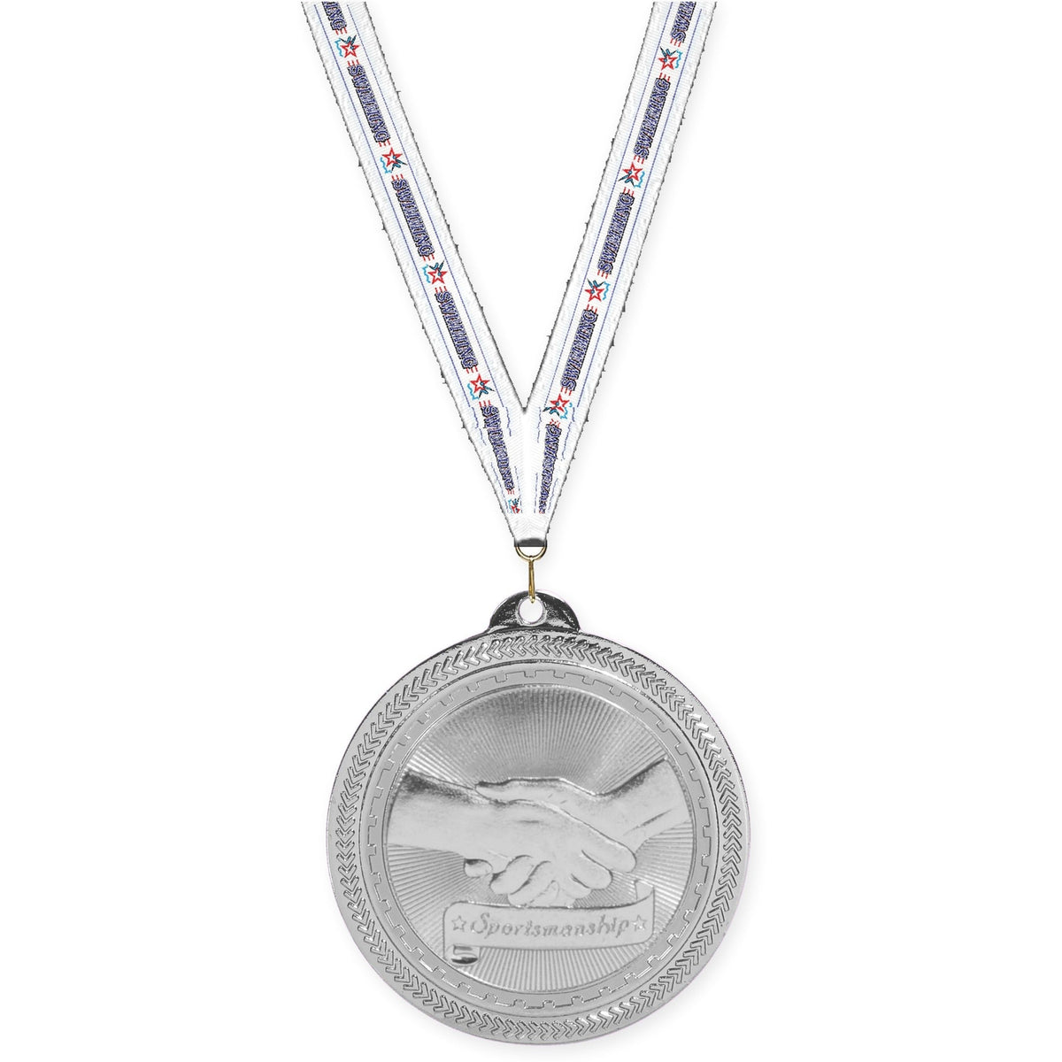 2 inch Sportsmanship Sunburst medal in bright silver with Swimming neck ribbon