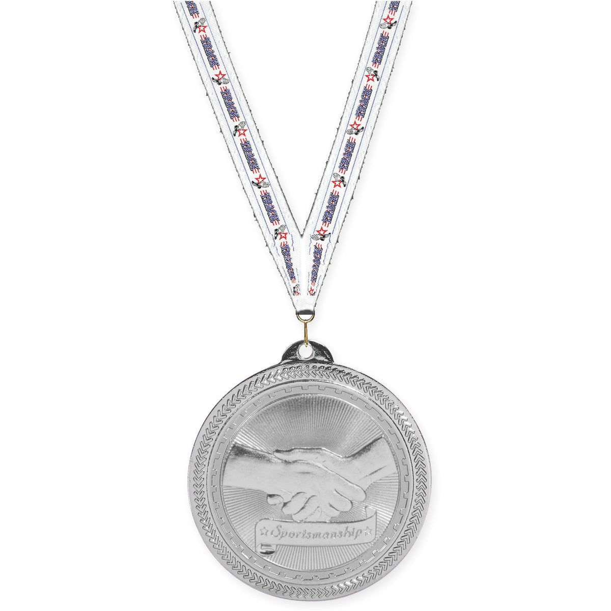 2 inch Sportsmanship Sunburst medal in bright silver with Track neck ribbon