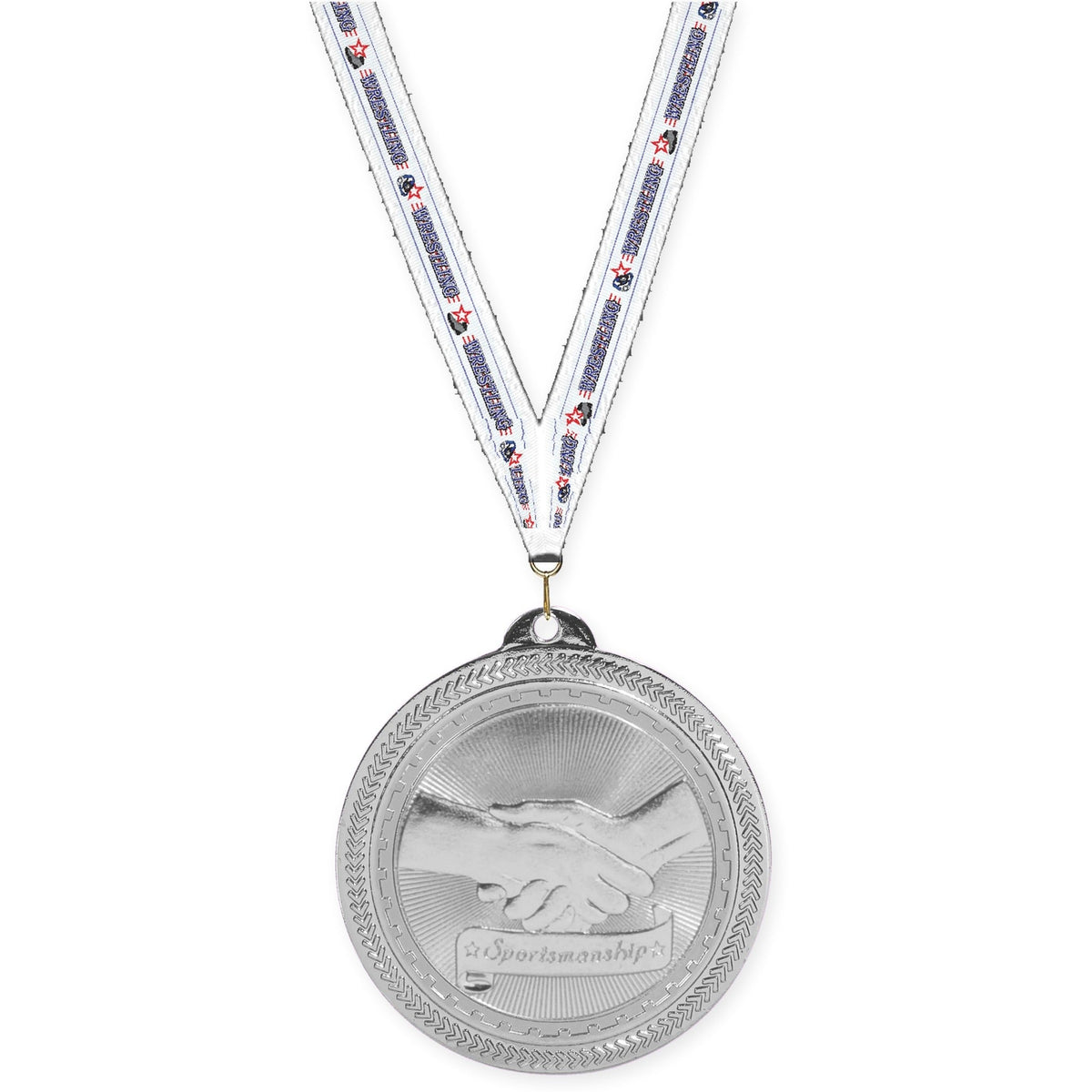 2 inch Sportsmanship Sunburst medal in bright silver with Wrestling neck ribbon