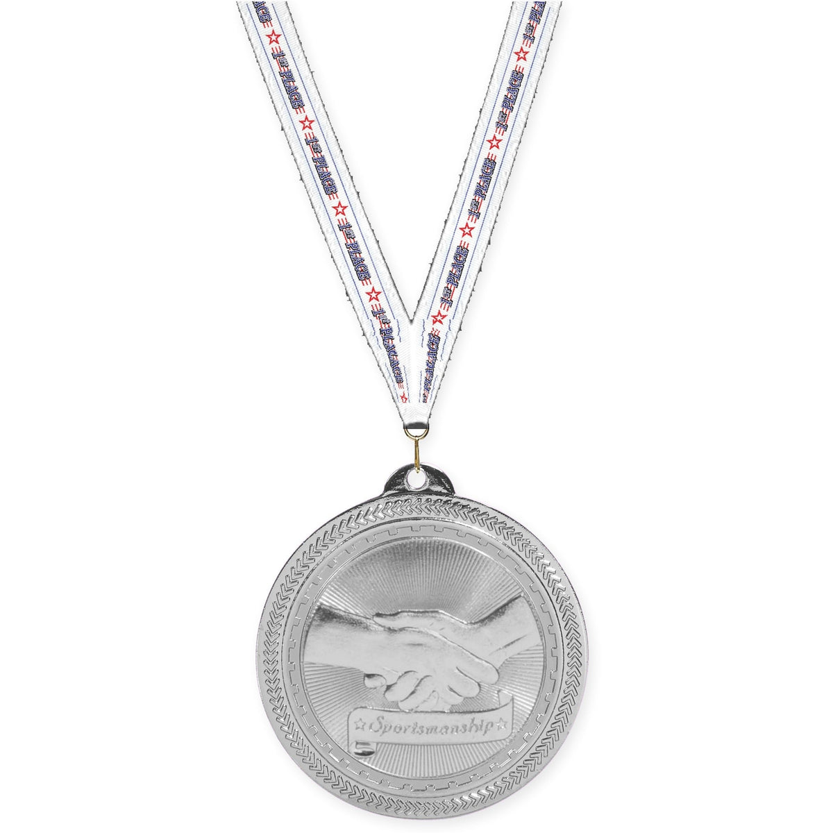 2 inch Sportsmanship Sunburst medal in bright silver with 1st Place neck ribbon