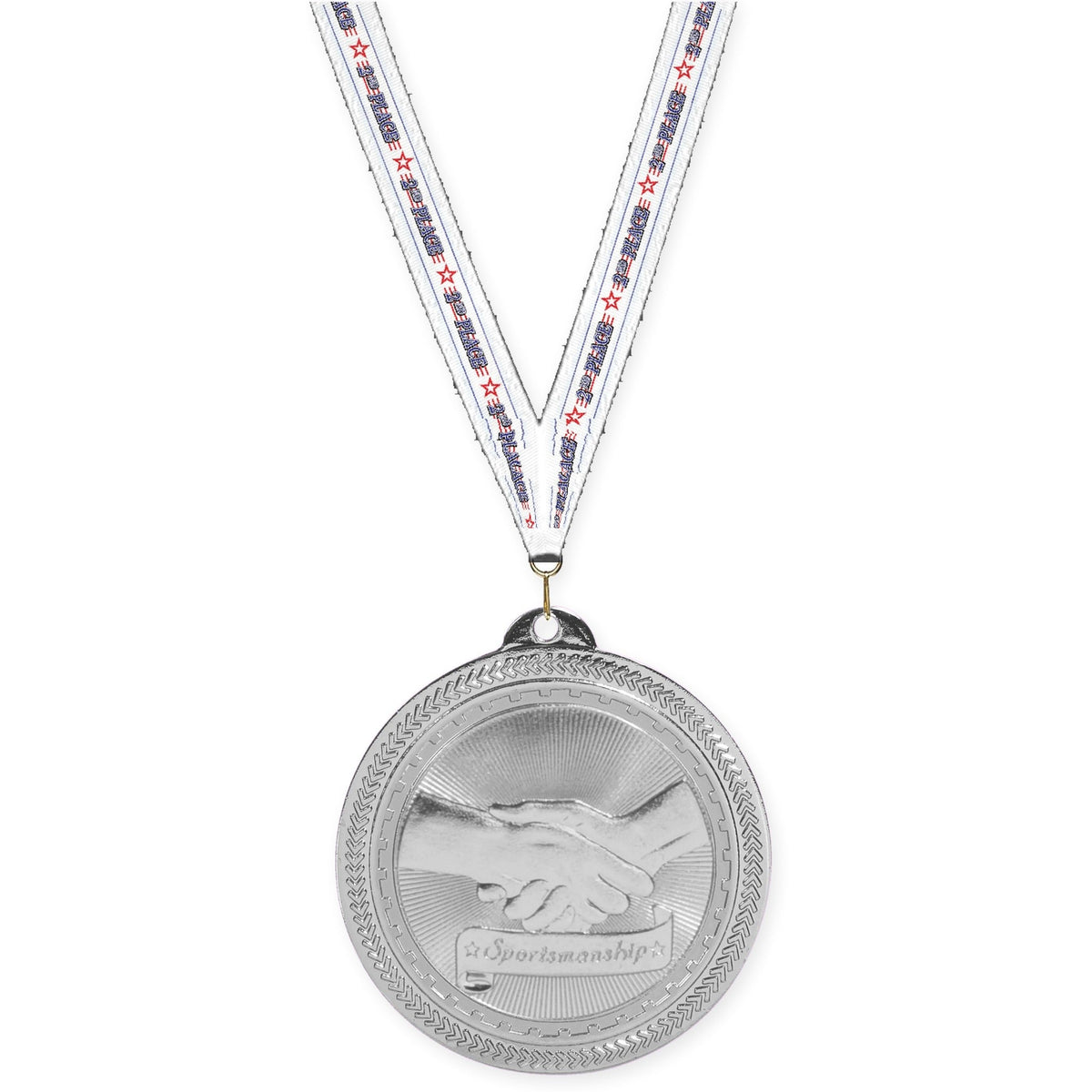 2 inch Sportsmanship Sunburst medal in bright silver with 2nd Place neck ribbon
