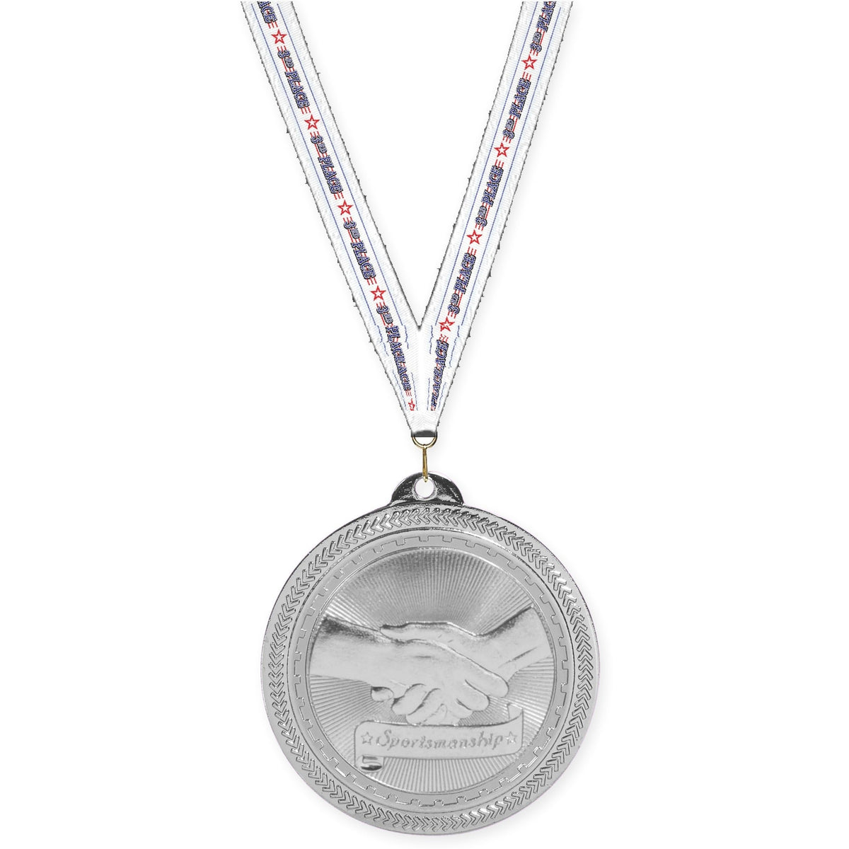 2 inch Sportsmanship Sunburst medal in bright silver with 3rd Place neck ribbon