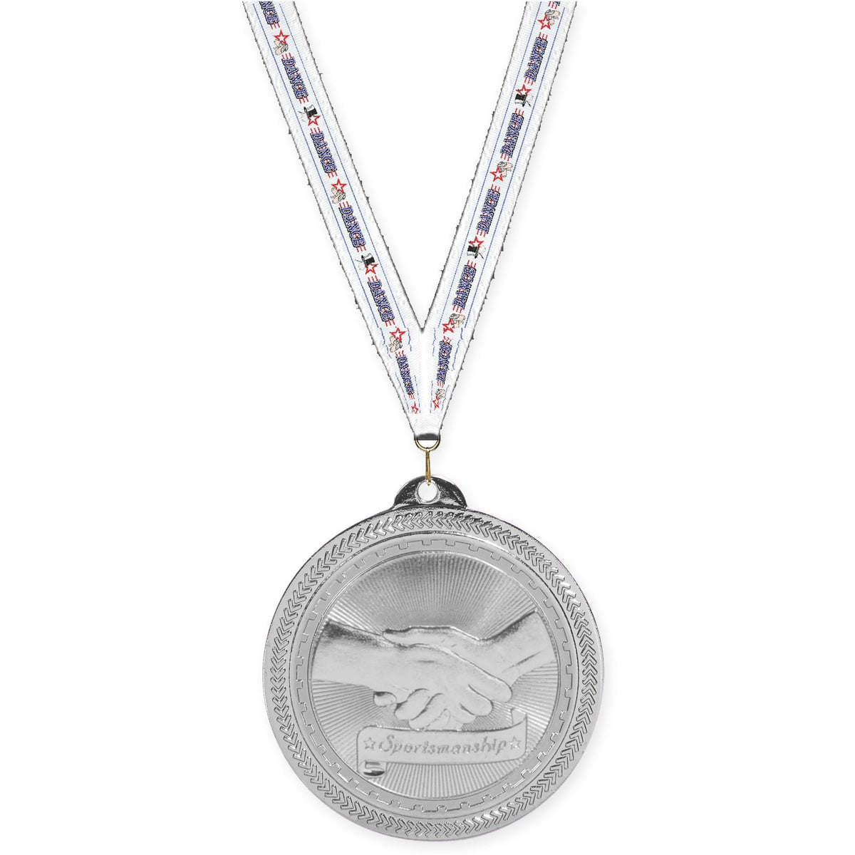 2 inch Sportsmanship Sunburst medal in bright silver with Dance neck ribbon