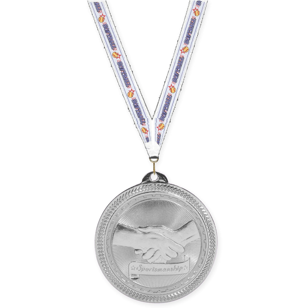 2 inch Sportsmanship Sunburst medal in bright silver with Softball neck ribbon