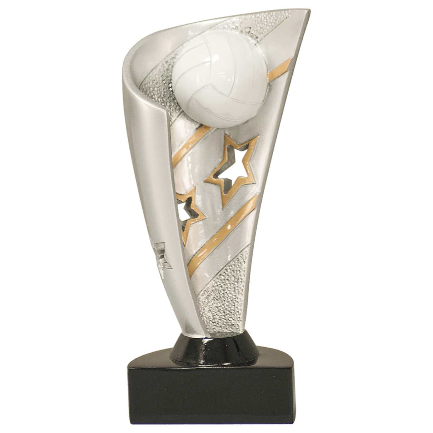 7" Volleyball Banner full-color resin trophy in bright silver and gold