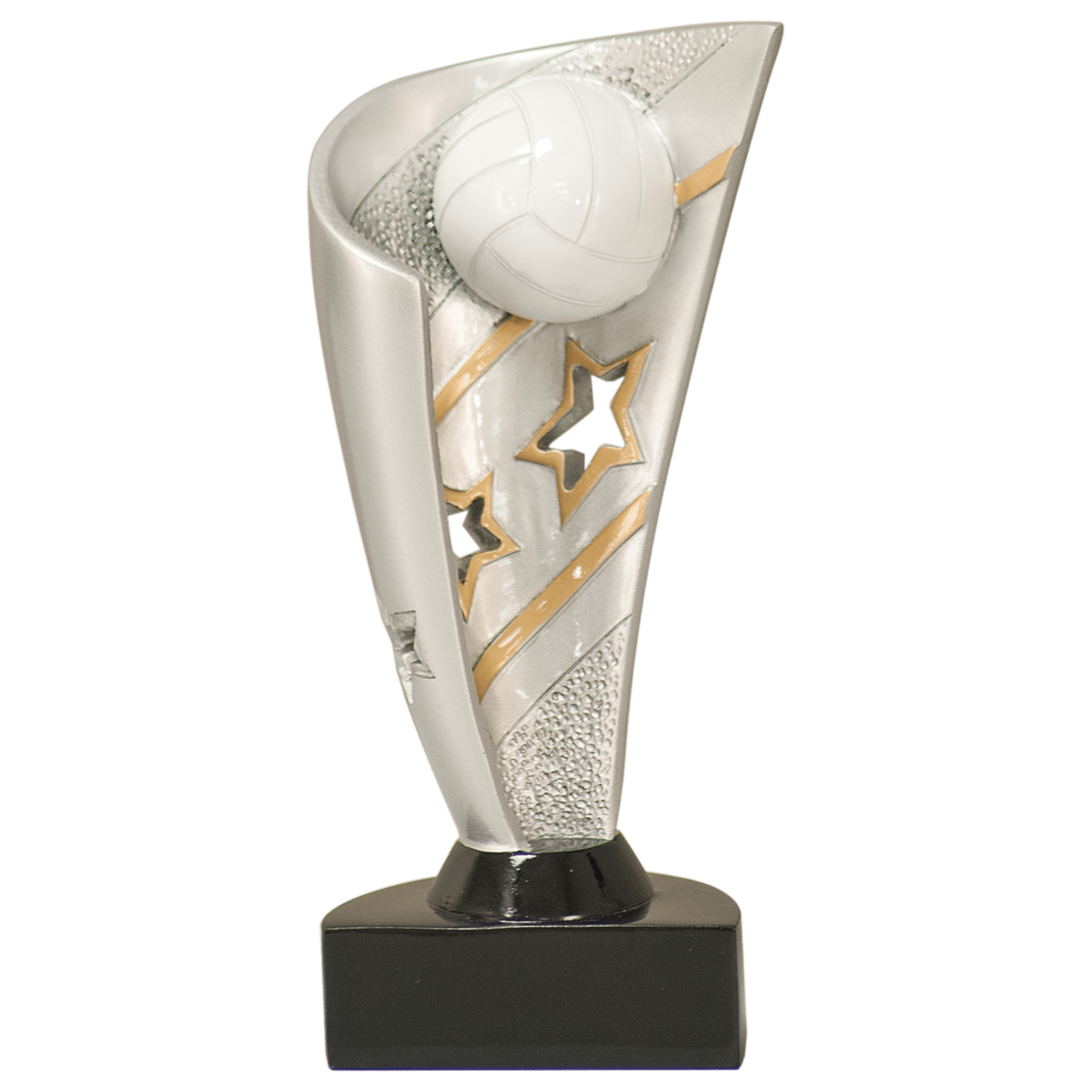 7" Volleyball Banner full-color resin trophy in bright silver and gold