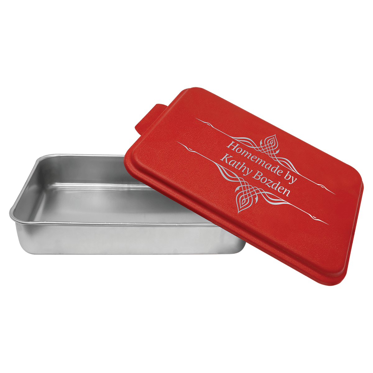 Red personalized aluminum cake pan with lid