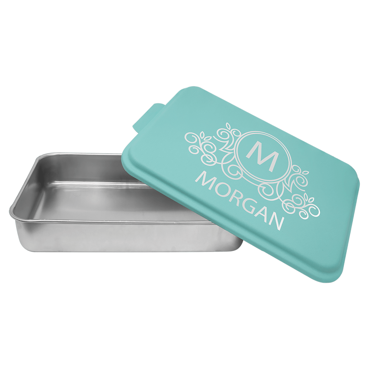 Teal personalized aluminum cake pan with lid