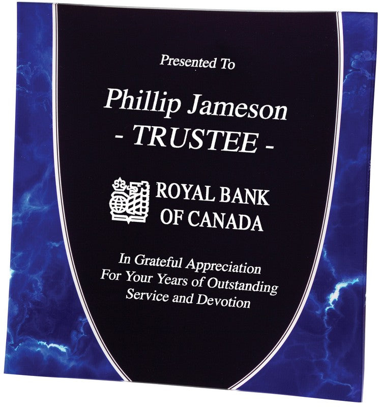 Blue marbleized cloud pattern square acrylic award with black center panel, engraved in white