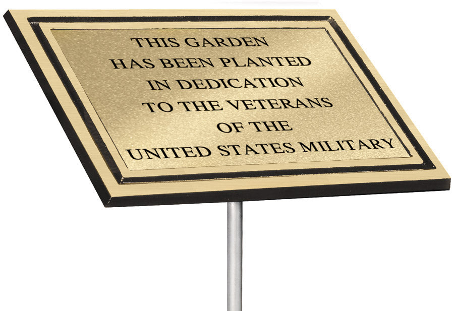 Bronze and gold cast aluminum garden dedication plaque on a stake with engraved gold plate