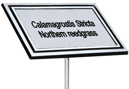 Black and silver cast aluminum garden plaque on a stake with an engraved silver plant marker plate