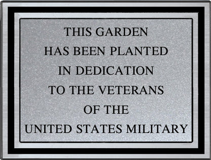 Black cast aluminum dedication plaque with engraved brushed silver plate, front view