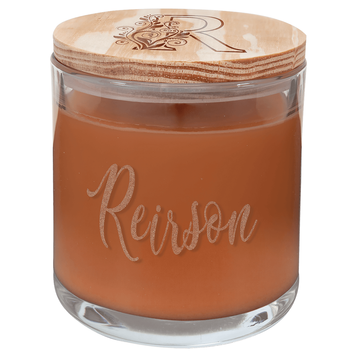 Personalized 14 oz pumpkin spice soy candle in glass jar with engraved wood lid