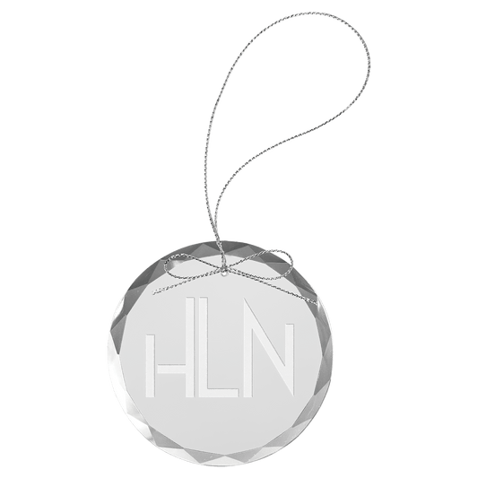 Personalized round glass ornament with silver string, custom engraved