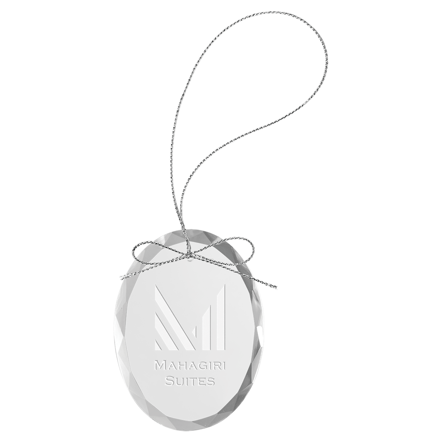 Personalized oval glass ornament with silver string, custom engraved
