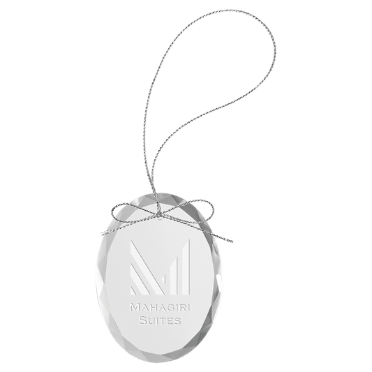 Personalized oval glass ornament with silver string, custom engraved