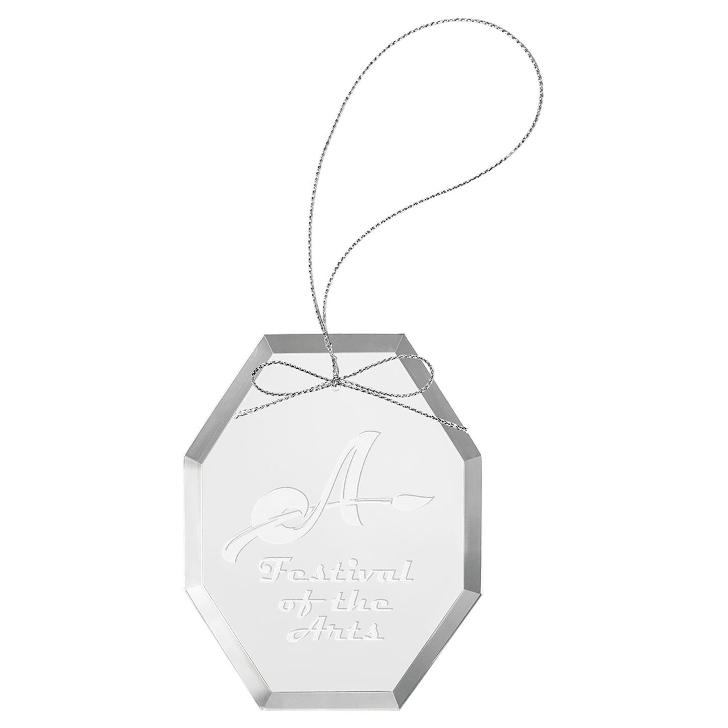 Personalized octagon glass ornament with silver string, custom engraved