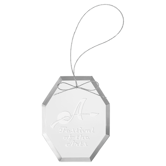 Personalized octagon glass ornament with silver string, custom engraved