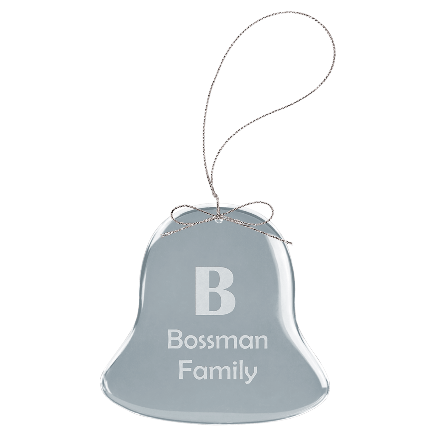 Personalized bell glass ornament with silver string, custom engraved