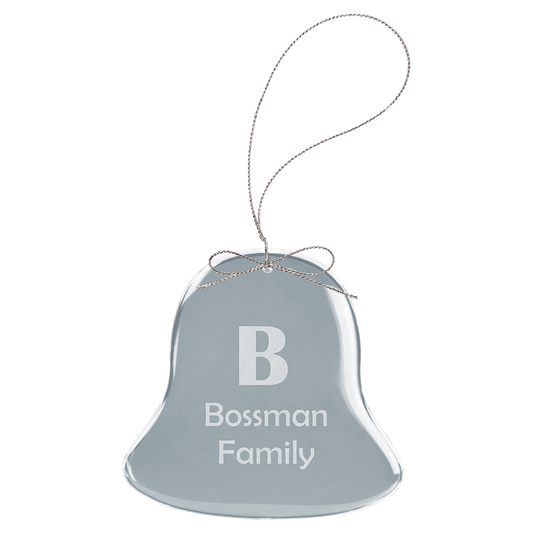 Personalized bell glass ornament with silver string, custom engraved