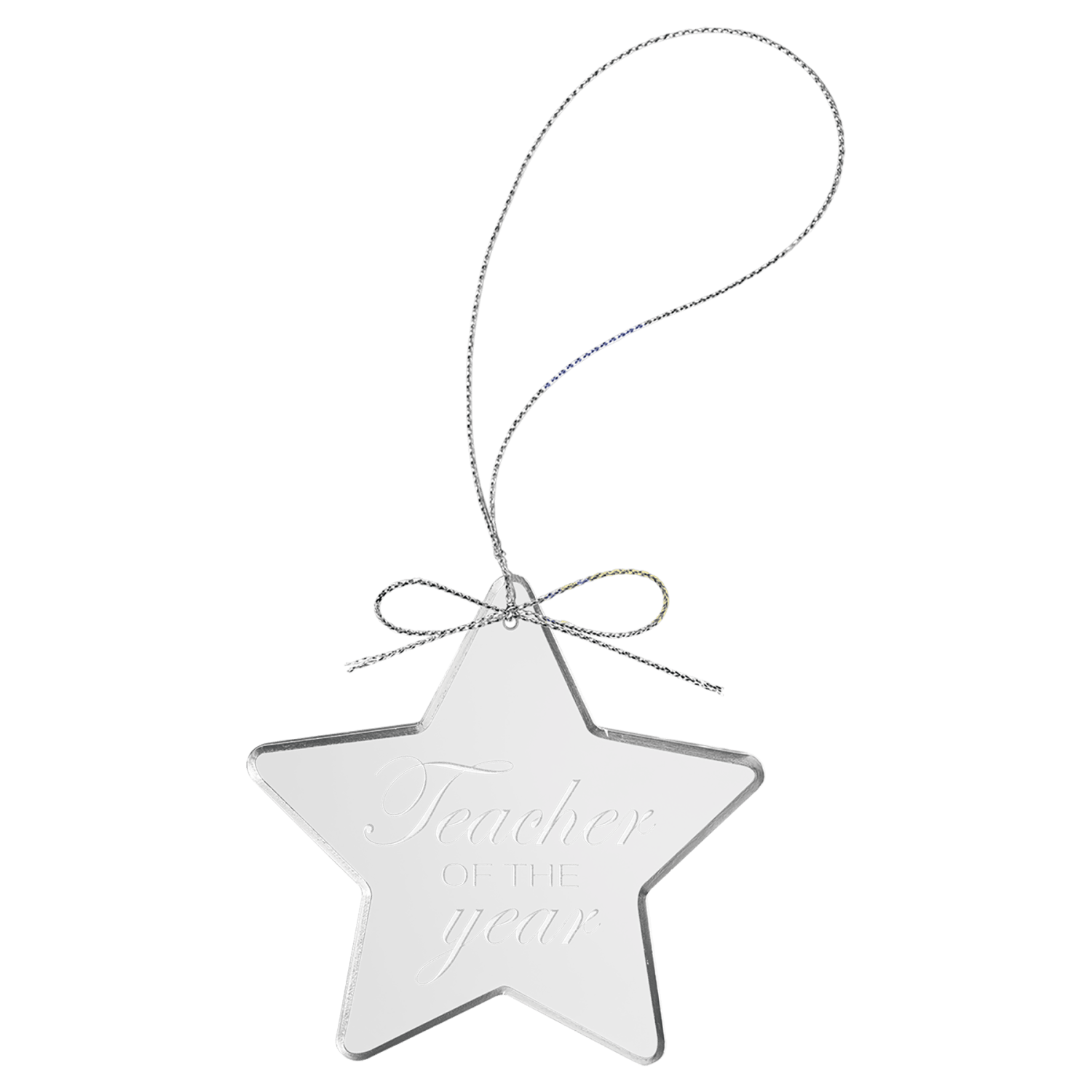 Personalized star glass ornament with silver string, custom engraved