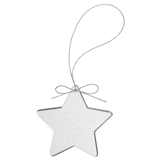 Personalized star glass ornament with silver string, custom engraved