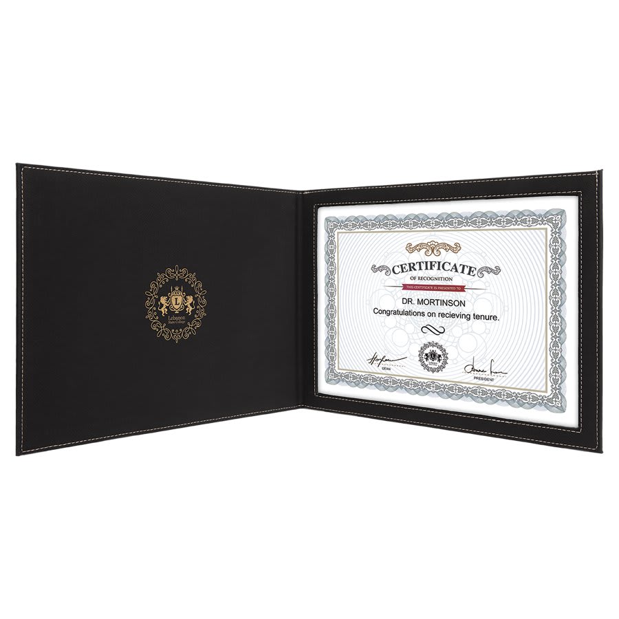 Personalized black and gold leatherette certificate holder, custom engraved