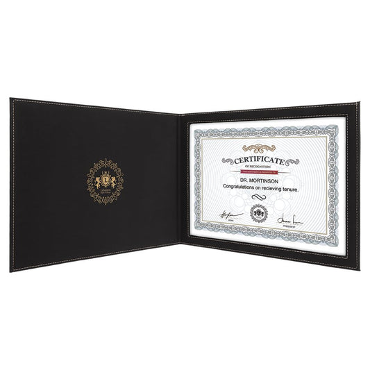 Personalized black and gold leatherette certificate holder, custom engraved