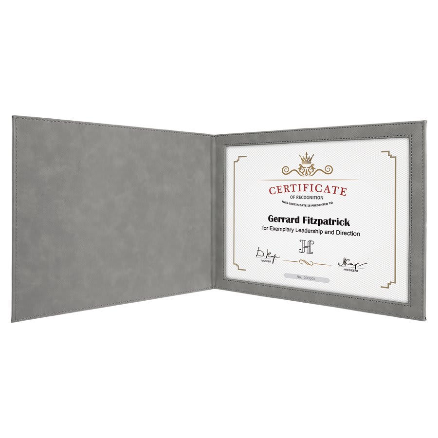Personalized gray leatherette certificate holder, custom engraved