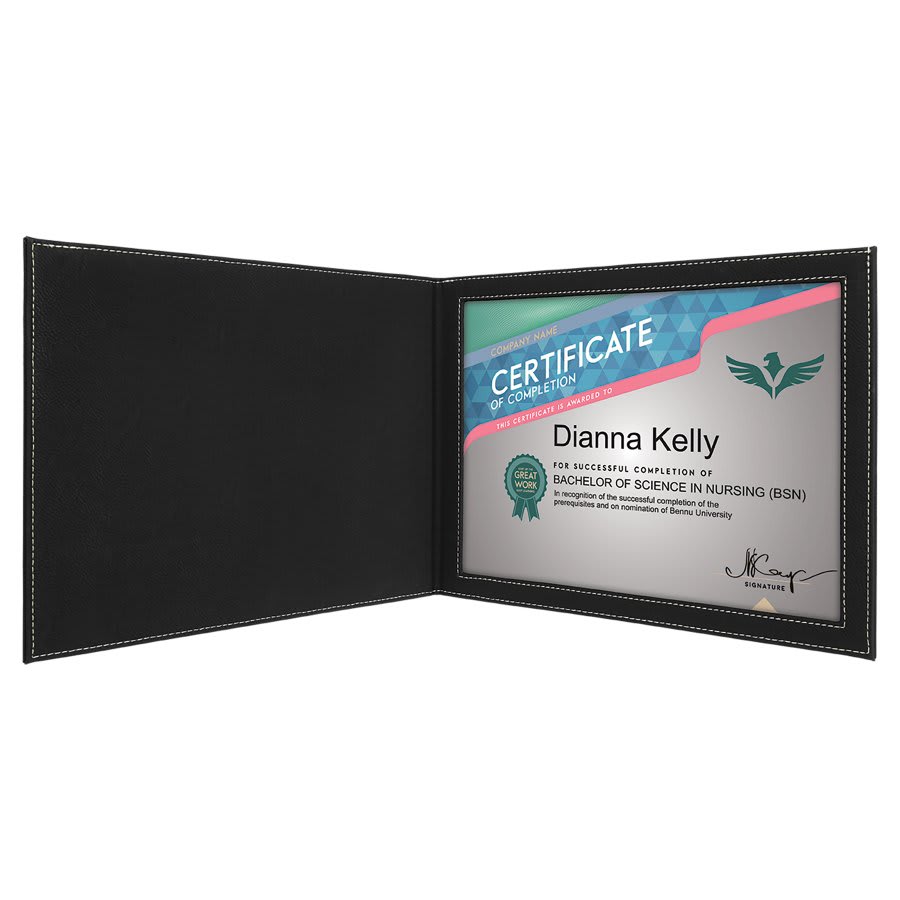 Personalized black and silver leatherette certificate holder, custom engraved