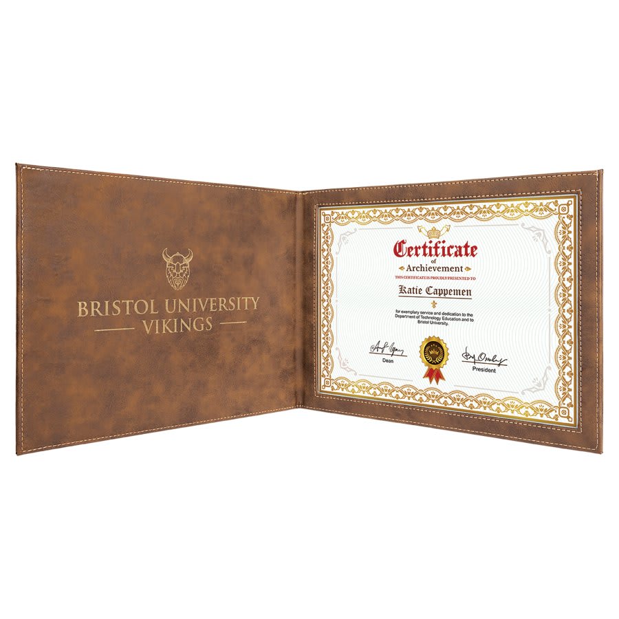 Personalized rustic and gold leatherette certificate holder, custom engraved