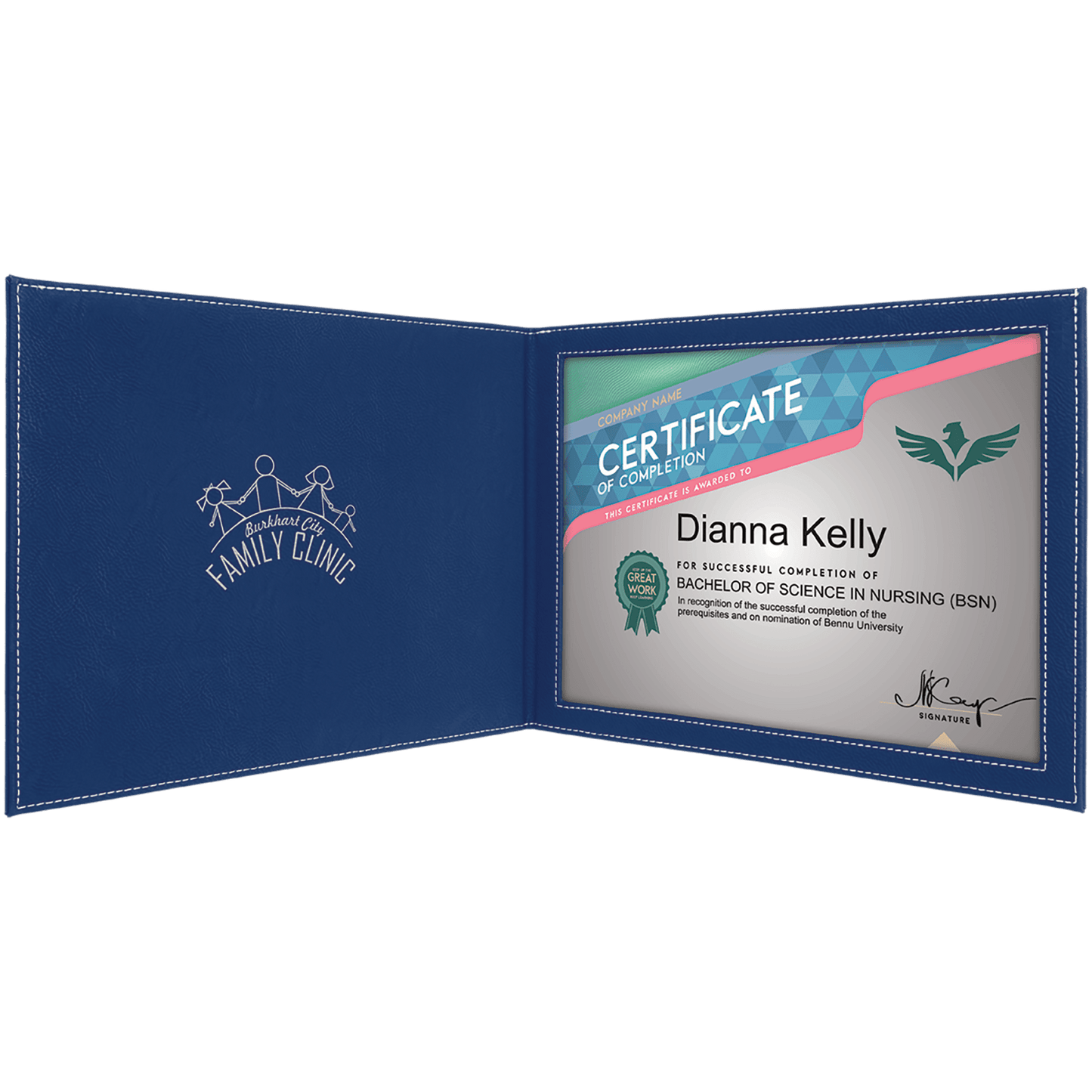 Personalized blue and silver leatherette certificate holder, custom engraved