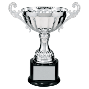 Silver two-handled metal trophy cup on a black base