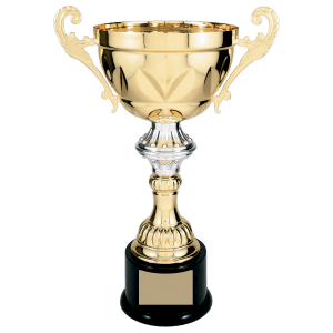Gold compact scroll-handle metal trophy cup on a black base