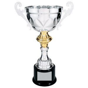 Silver compact scroll-handle metal trophy cup on a black base