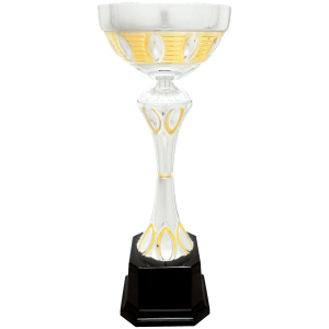 Silver and gold two-tone wave metal trophy cup on a black base