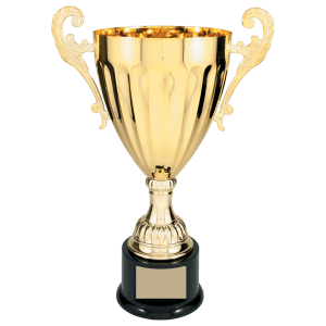 Gold scroll-handle metal trophy cup on a black base