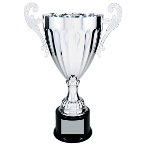 Silver scroll-handle metal trophy cup on a black base
