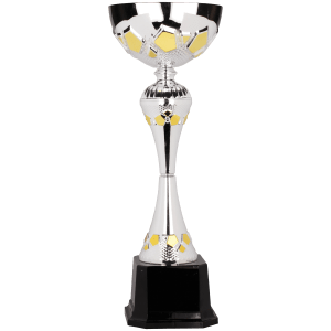Tall silver and gold two-tone column metal trophy cup on a black base