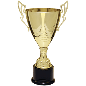 Gold tall scroll-handle metal trophy cup on a black base
