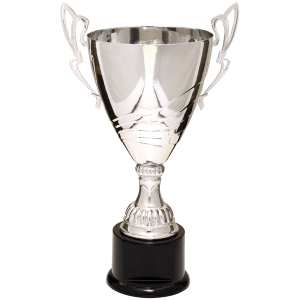Silver tall scroll-handle metal trophy cup on a black base
