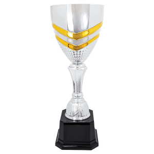 Silver and gold two-tone chevron metal trophy cup on a black base
