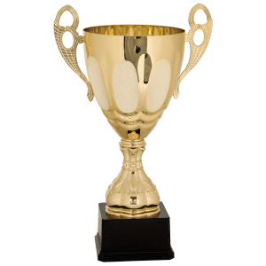 Gold wreath-handle metal trophy cup on a black base