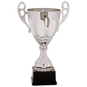 Silver wreath-handle metal trophy cup on a black base