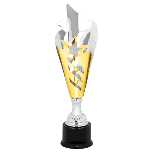 Silver and gold two-tone star column metal trophy cup on a black base