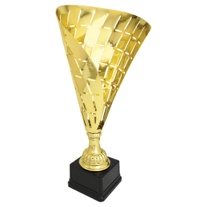 Gold twisted-cone metal trophy cup on a black base