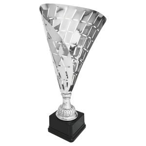 Silver twisted-cone metal trophy cup on a black base