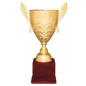 Gold tall trophy cup with wing handles on a black base