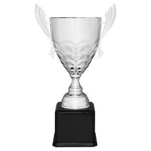 Silver tall trophy cup with wing handles on a black base